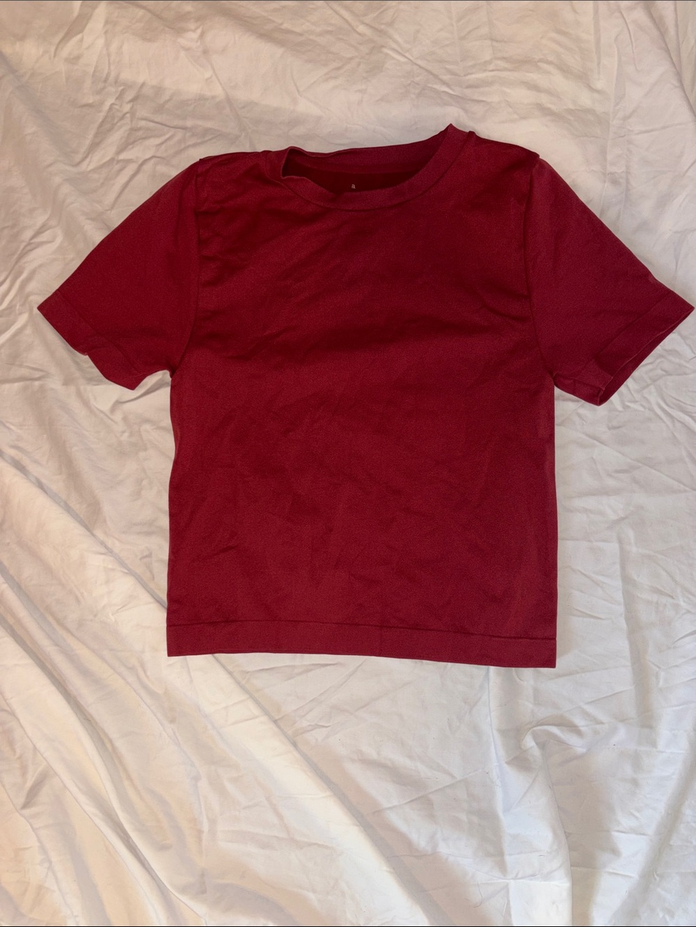 Simple Short-Sleeve Fitted Crewneck Top - Burgundy Red